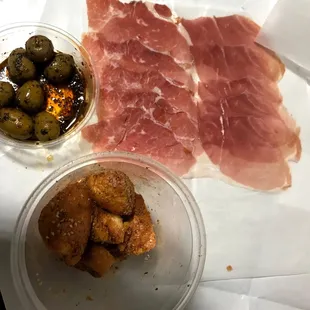Prosciutto, olives, croutons
