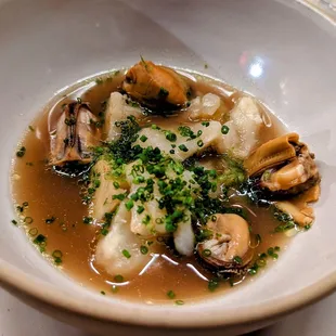 October 13, 2022; Celeriac with Maine mussels, yuzu, and chive.