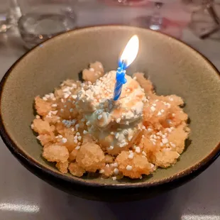 October 13, 2022; Apple cider granita with vanilla mousse and salted caramel.