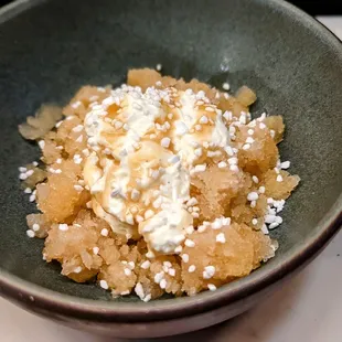 October 13, 2022; Apple cider granita with vanilla mousse and salted maple caramel.