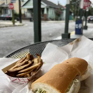 Roast beef po boy and fries