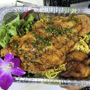 Fried Catfish over Garlic noodles
