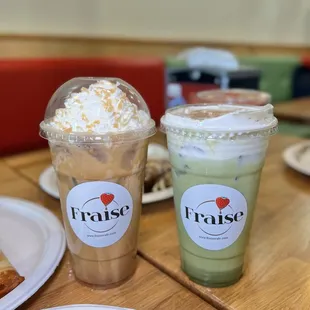 Iced Caramel Latte and Matcha Latte w/ Cinnamon foam