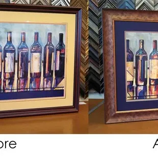 Shop Talk: Check out the before and after shots of this recent project. Notice how the new frame echoes the texture in the wine bottles.