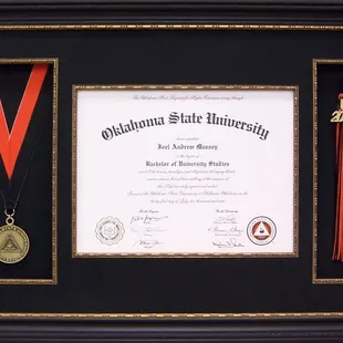 OSU Diploma with tassel and medal. Suede matting and matching fillet all using conservation grade materials.