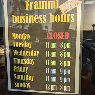 Current hours in May 2021. Note 8pm closure most days.