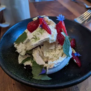 chamomile PAVLOVA, macerated strawberry, kettl matcha, vanilla mascarpone     12