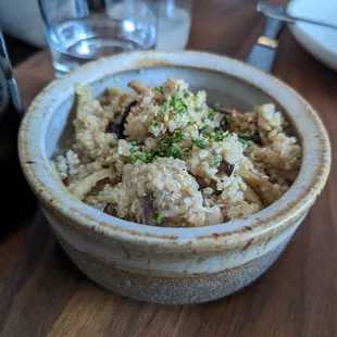 golden QUINOA, caramelized fennel &amp; sesame puree, grilled shiitake     12