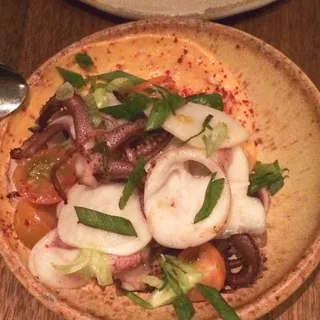 Grilled Monterey Calamari, Crisp Amarosa Potato, Preserved Sudachi Aioli, Jicama