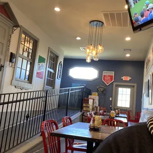 a view of a dining room