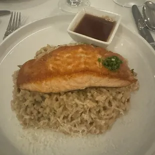 Grilled Salmon with honey soy sauce and mushroom risotto