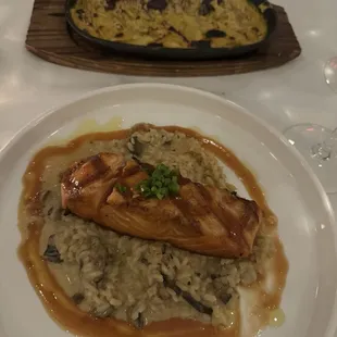 Salmon a la miel and aji de gallina canneloni