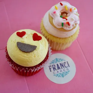 Feeling Emojinal (Red Velvet) &amp; Mmm Cupcake (Strawberry frosting, sprinkle donut cookie).