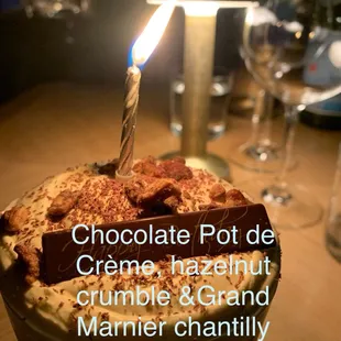 Chocolate Pot de Crème with hazelnut crumble and Gand Marnier chantilly