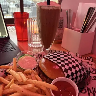 Juicy Lucy and fries and a chocolate shake