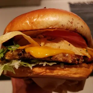 Francisco burger with pimento black bean patty ($14). Pretty good. I&apos;m glad they offer a homemade burger option.