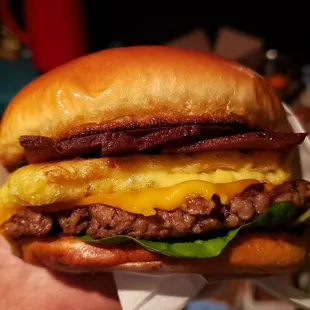 Breakfast burger ($16). Pretty good. I didn&apos;t love the Just Egg, but it comes together overall.