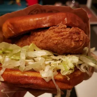 Chicken sandwich with fries ($15). Not bad. Gardein patty, probably.