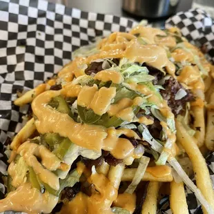Chopped Cheese fries, sans cheese, added bacon &amp; jalapeños- delicious!