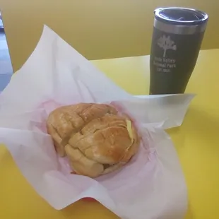 Sitting down for breakfast.