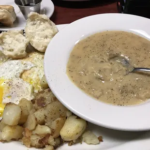 Early bird special (#2?) with eggs, home fries, sausage gravy and biscuits