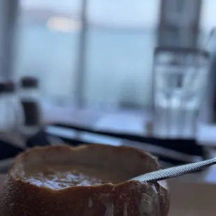 Clam chowder in bread bowl