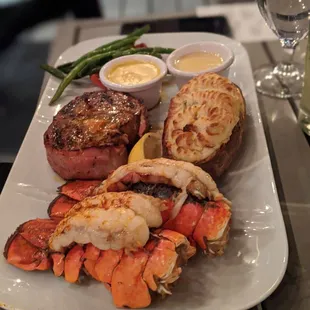 Filet and lobster with twice baked potato