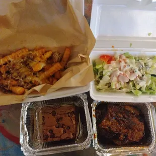 Loaded fries, salad, brisket oh yeah and don't forget that brownie