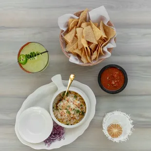 Home-made Chips &amp; Salsa. Elote Callejero. Cucumber Jalapeño Margarita  El Paraiso Margarita.