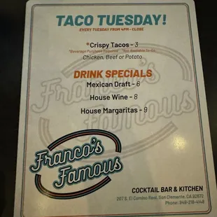 Taco Tuesday menu