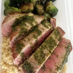 Tuna steak, couscous and Brussels sprouts