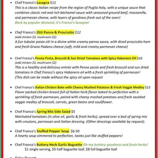 a list of the menus