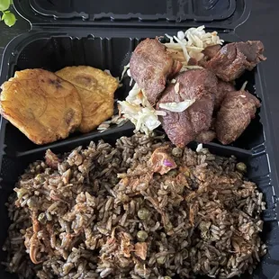 Griot Fried Pork, Diri djon djon Black Rice, Banan Peze Plantain