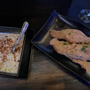 Corn &amp; crab soup and catfish