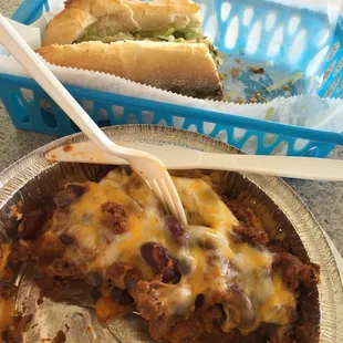 Cheese steak and chili cheese fries (half eaten..couldn&apos;t be bothered to snap a picture before I had some)