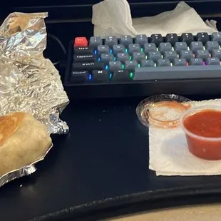 Small hot link burrito + potatoes. Hot salsa.