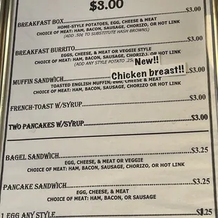 the breakfast specials on the menu