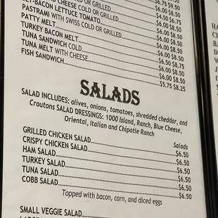 a menu for salads