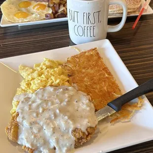 Country Fried Steak, scrambled eggs and crispy hash browns