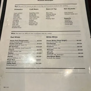 Beer &amp; wine menu