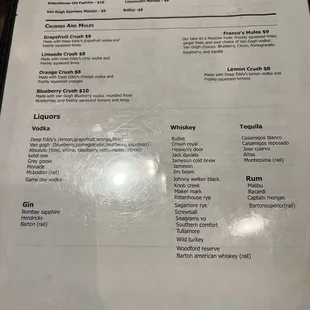 Cocktail &amp; liquor menu