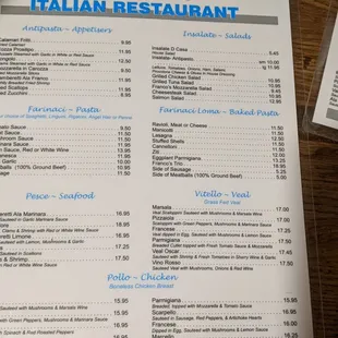menu and price list
