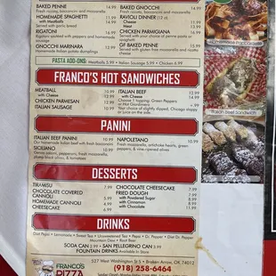 Menu - Pasta, Hot Sandwiches, Panini, Desserts, &amp; Drinks