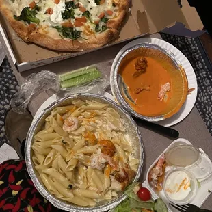 a variety of food items on a table