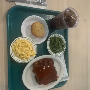 BBQ ribs, Mac and cheese, green beans and cornbread