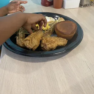 Kids plate. 2 wings, two sides, and a dinner roll