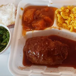 Salisbury Steak, Green Beans, Macaroni and Cheese with Sweet Potatoes and Caramel Pound Cake