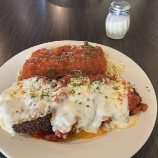 Eggplant parm with spaghetti