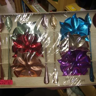 Some anodized aluminum stir spoons &amp; coasters, 1950s, in the original box!