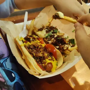 Custom hot dog with chili cheese fries